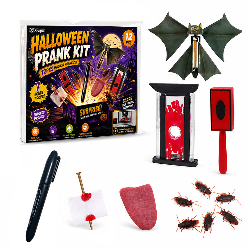 Xfunjoin 12-piece Halloween prank magic kit with scary gag props