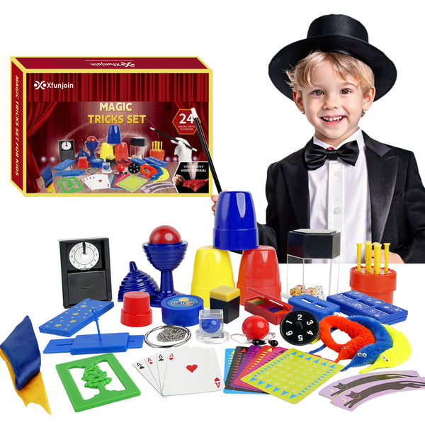 Xfunjoin Magic Kit for Kids - 24 Easy Magic Tricks set with Tutorial Video